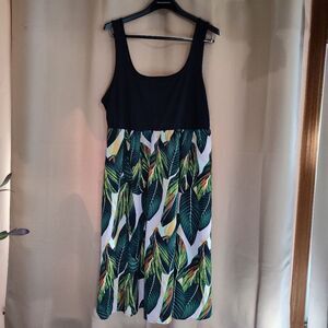 Emery Rose Dress Plus Size 2X Black Leaf Print Sleeveless with Pockets
